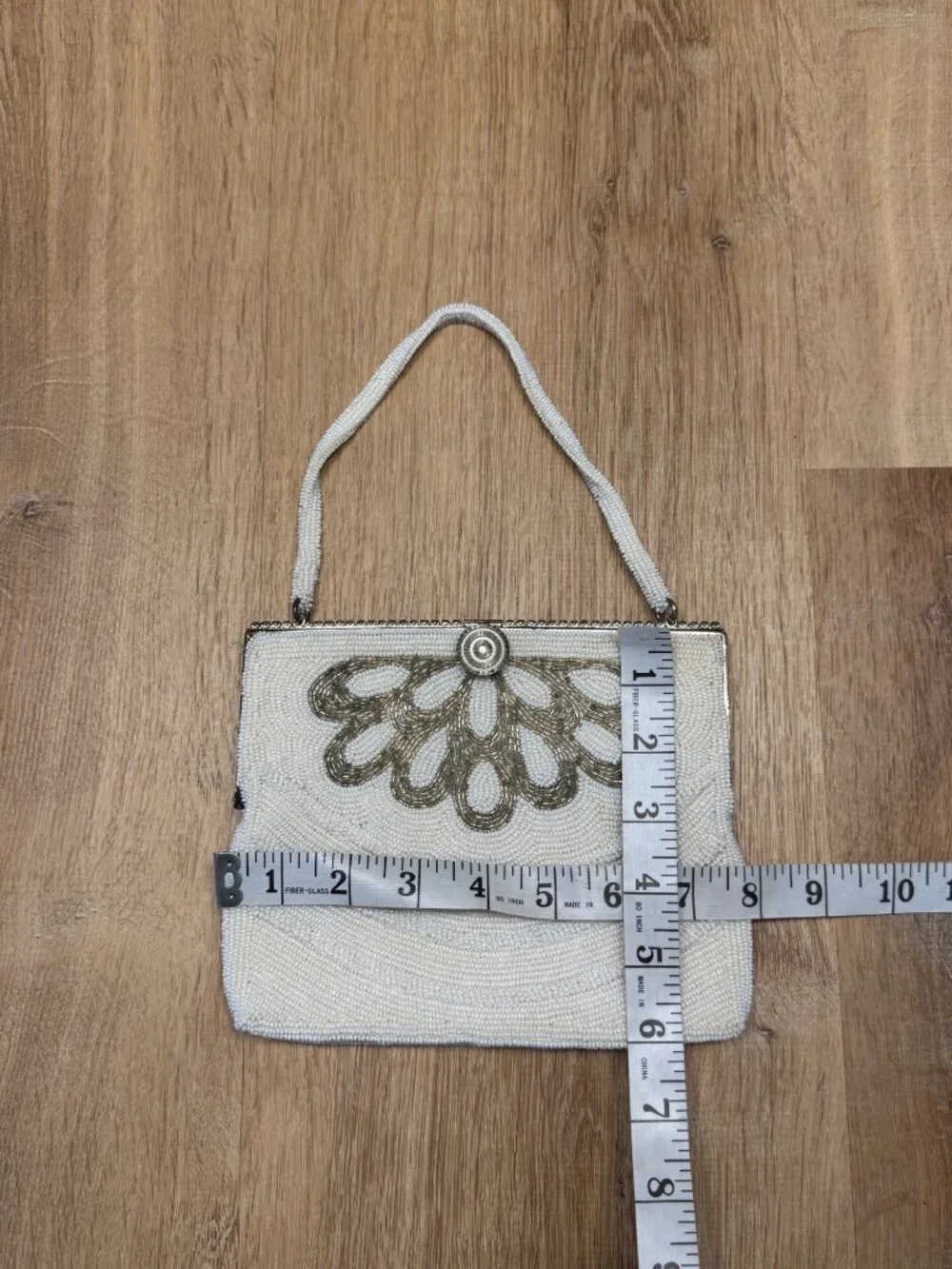 Vintage 1950s Beaded Evening Bag Ivory Pearl Japan Clutch Purse Floral Metal Fra